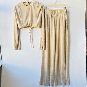 BBXBRAND pleated satin wide leg , Cut-out crop top set, beige, Size 12/L
